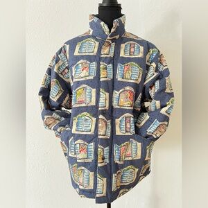 Whimsical illustrative cottage window pattern quilted lightweight jacket